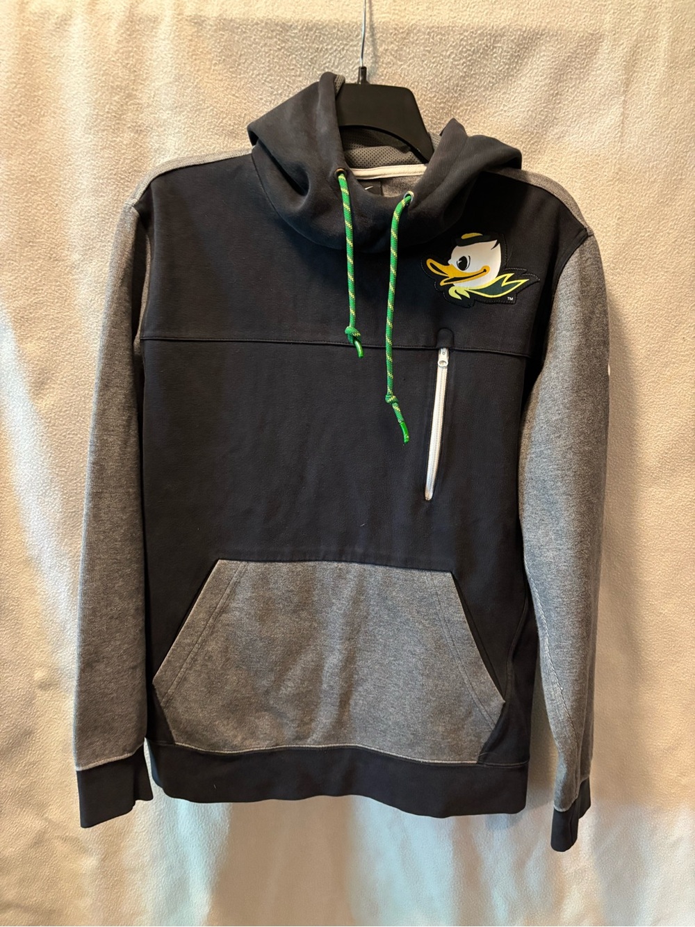 Nike Black and Gray Hooded Pullover with Green Drawcords and Duck Logo